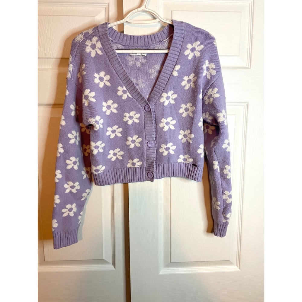 Hollister Lavender Purple Floral Daisy Cropped Cardigan Sweater Womens Medium